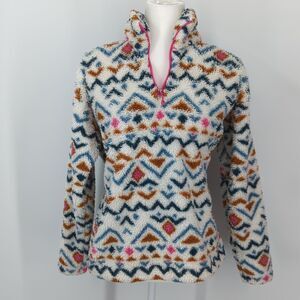 Eddie Bauer Pink Blue Aztec Tribal Sherpa Teddy 1/4 Zip Jacket Sweater X-Large